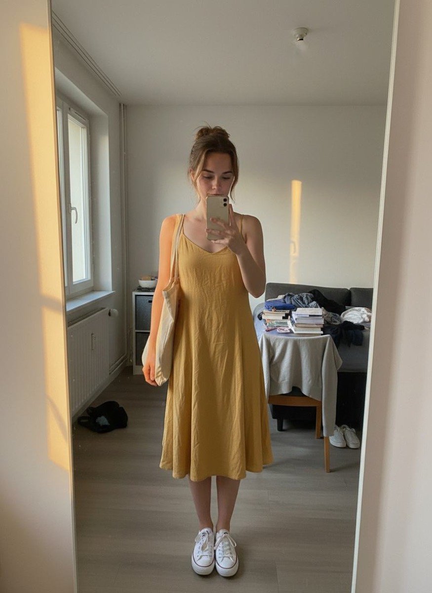 Léna in a butter-yellow dress in front of the mirror