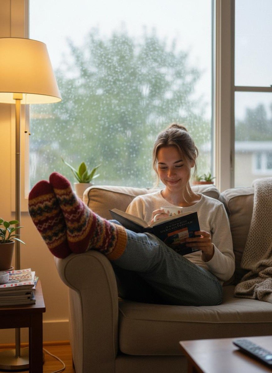 Léna reading on the sofa in wool socks on a rainy day