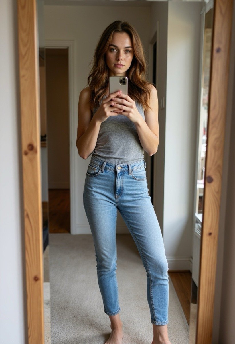 Léna in a grey vest top and jeans, taking a photo in the hallway mirror