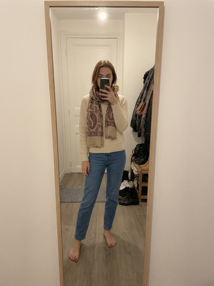 Léna taking a hallway mirror selfie in a cream knit sweater, patterned scarf and blue jeans, barefoot on the wood-effect floor.