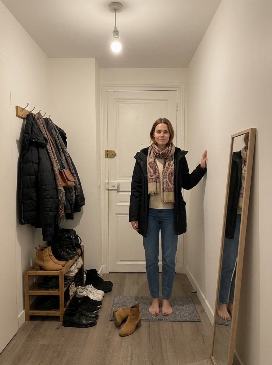 Léna standing by the white door in a black coat, blue jeans and scarf, barefoot with camel ankle boots on the floor in front of her.