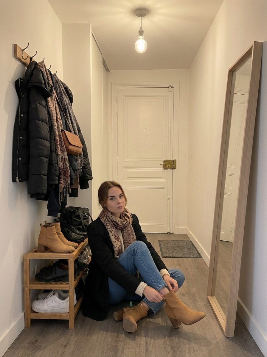Léna sitting on the floor beside the shoe rack in a black coat and blue jeans, holding a camel heeled ankle boot.