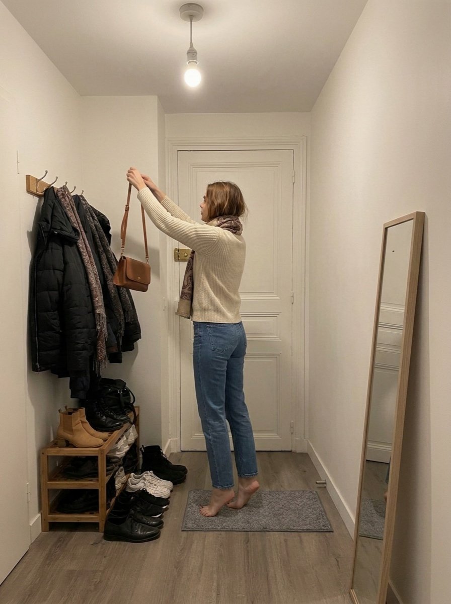 Léna in profile hanging a brown bag on the coat rack, wearing a cream sweater, blue jeans and scarf, barefoot in the hallway.
