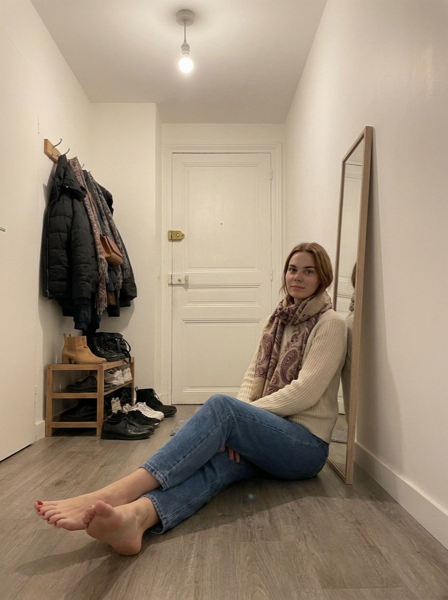 Léna sitting against the hallway wall in a cream sweater and blue jeans, one leg extended and bare feet in the foreground.