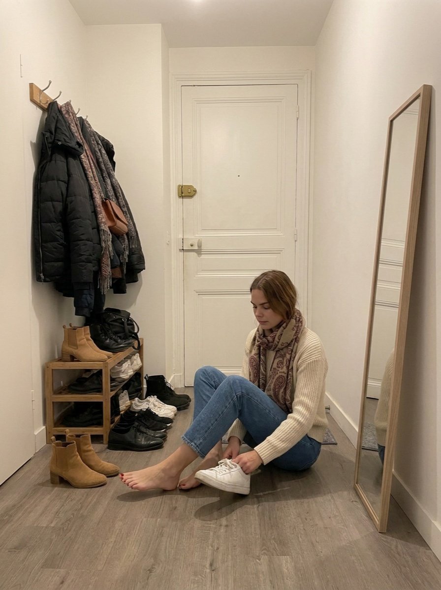 Léna seated on the hallway floor in blue jeans and a cream sweater, holding a white sneaker with camel boots in front of her.