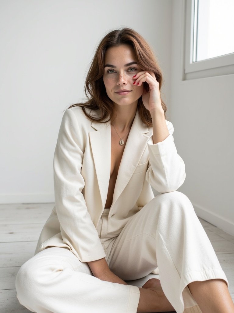 Lena sitting on the floor near the window, hand against her cheek, open ecru linen suit