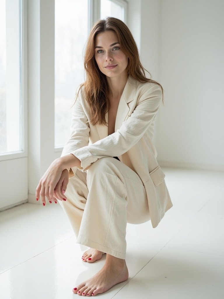 Lena crouching on the floor by the window in her ecru linen suit, bare feet in the foreground