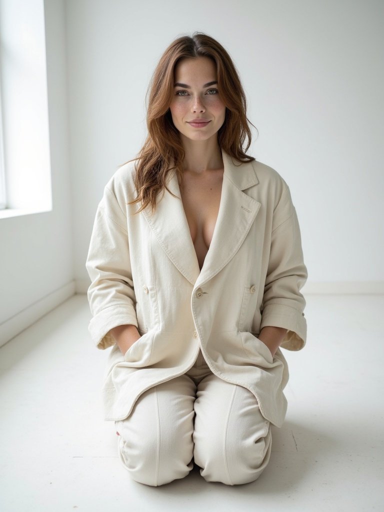 Lena kneeling in the middle of the empty room, hands in the pockets of her ecru linen blazer, barefoot