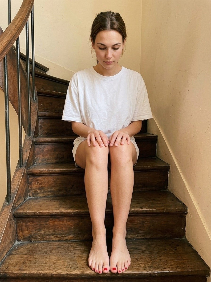 Lena sitting with her knees together on the stairs, bare feet side by side on a step