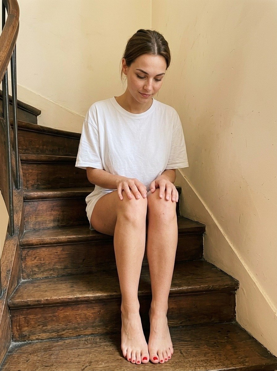 Lena sitting facing the camera, hands crossed on her knees, both bare feet in the foreground