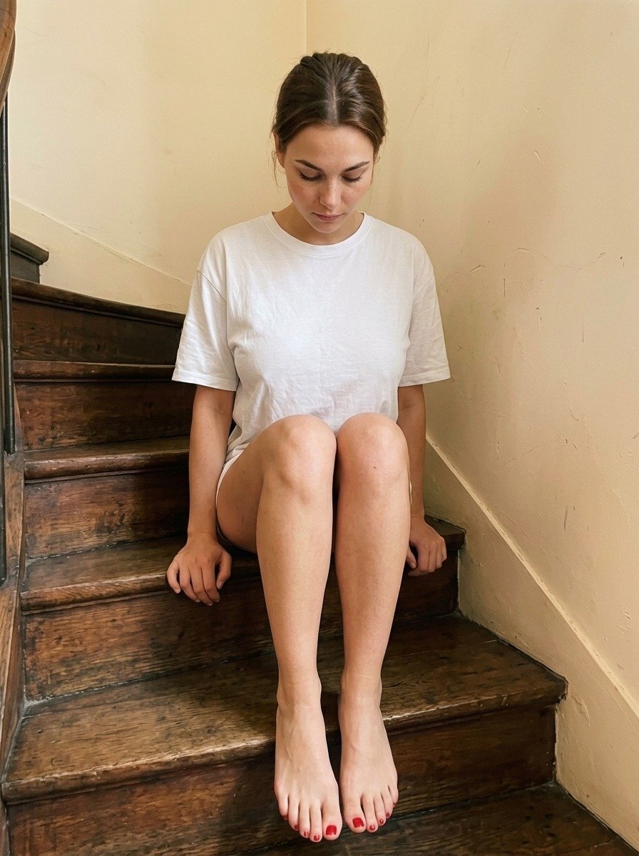Lena sitting in the stairwell, eyes to the camera, legs folded