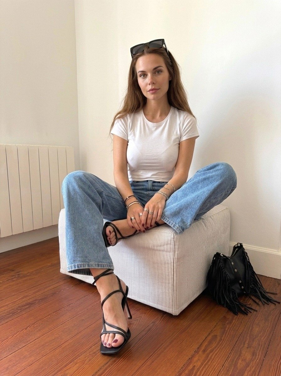Lena sits on the striped ottoman with one leg folded, wearing jeans and a white tee, sunglasses on her head and black sandals.