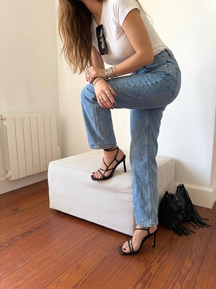 Lena stands in jeans and a white tee with one black sandal on the striped ottoman and sunglasses hanging from her neckline.