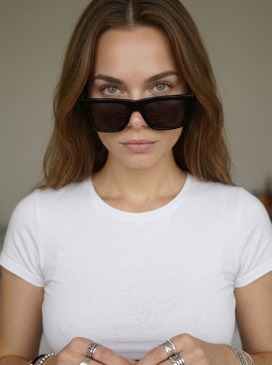 Portrait of Lena in a white tee, looking over lowered black sunglasses, with loose hair and visible rings against a pale wall.