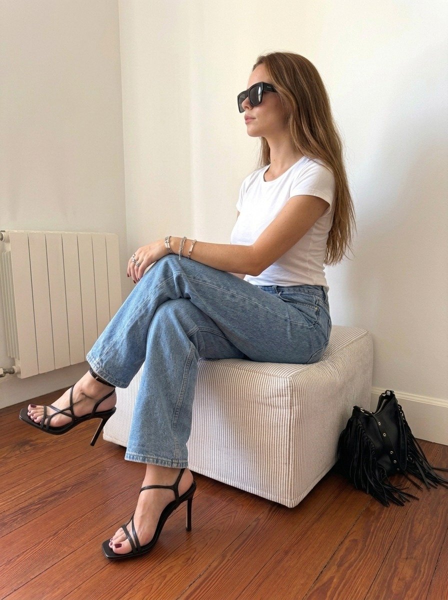 Lena sits sideways on the striped ottoman, legs crossed in jeans, wearing a white tee, sunglasses and black heeled sandals.
