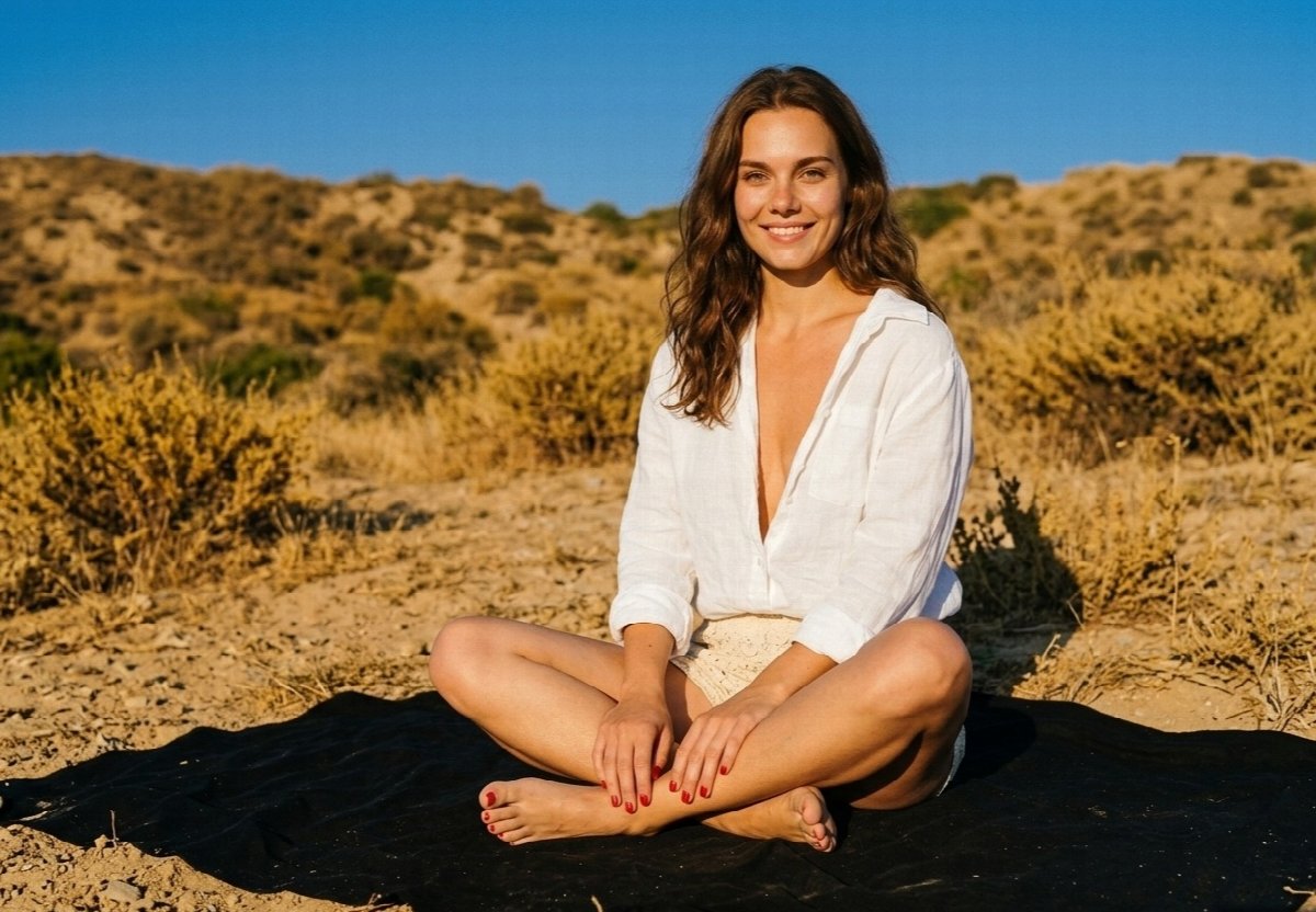 Lena sits cross-legged on a black blanket, hands resting on her ankles, wearing a white shirt and cream lace shorts against golden hills.