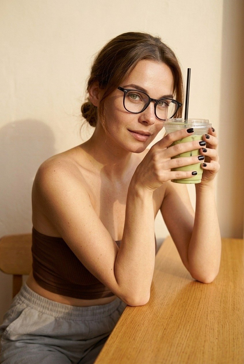 Lena wears a brown bandeau, grey trousers and black glasses, resting her elbows on a wooden table and holding matcha with both hands.