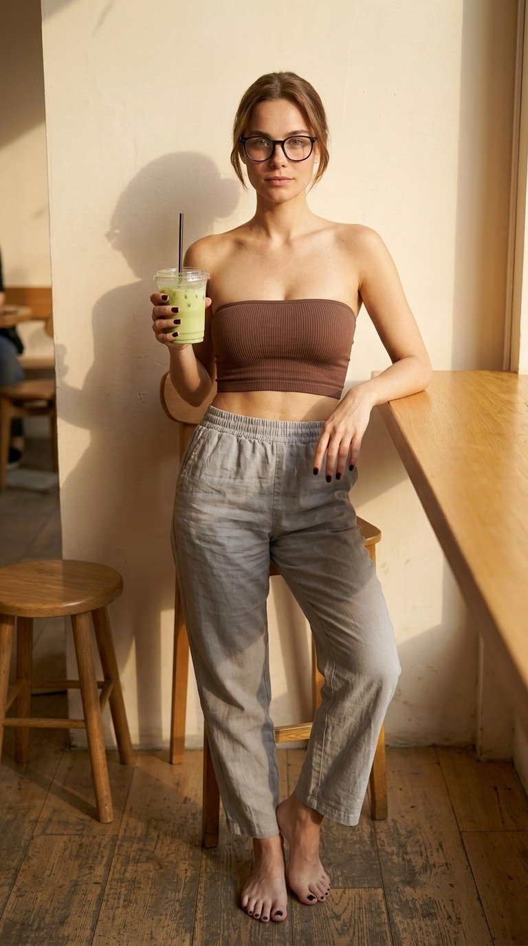 Lena stands against a wooden counter in a brown bandeau, grey linen trousers and black glasses, holding matcha, with bare feet on the wooden floor.