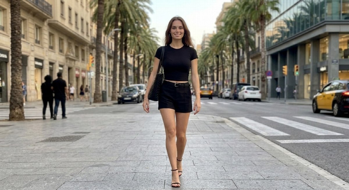 Lena walks toward the camera in a black tee, belted shorts and heeled sandals, carrying a tote beside palm trees and parked cars.