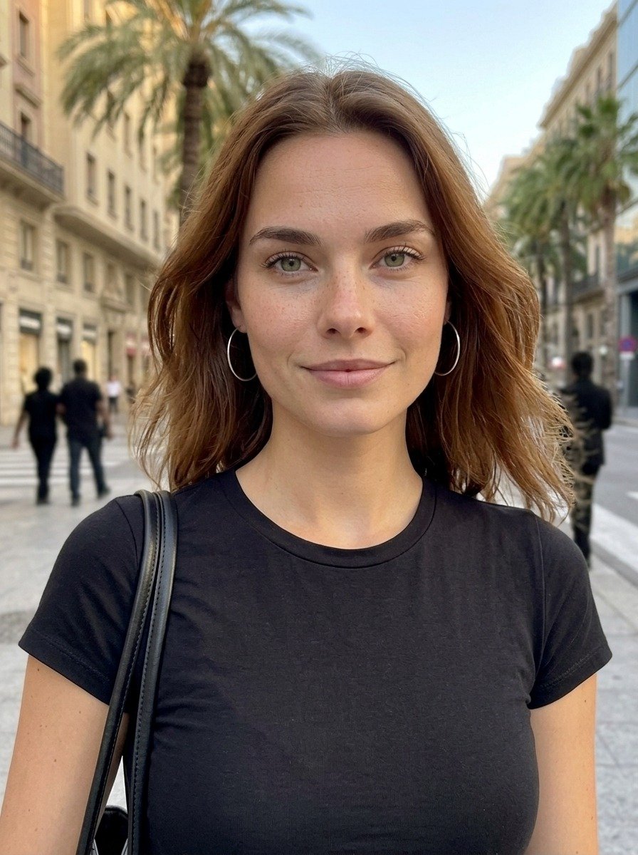 Close portrait of Lena facing the camera with loose hair, hoop earrings and a black tee, with blurred palms and pedestrians behind her.