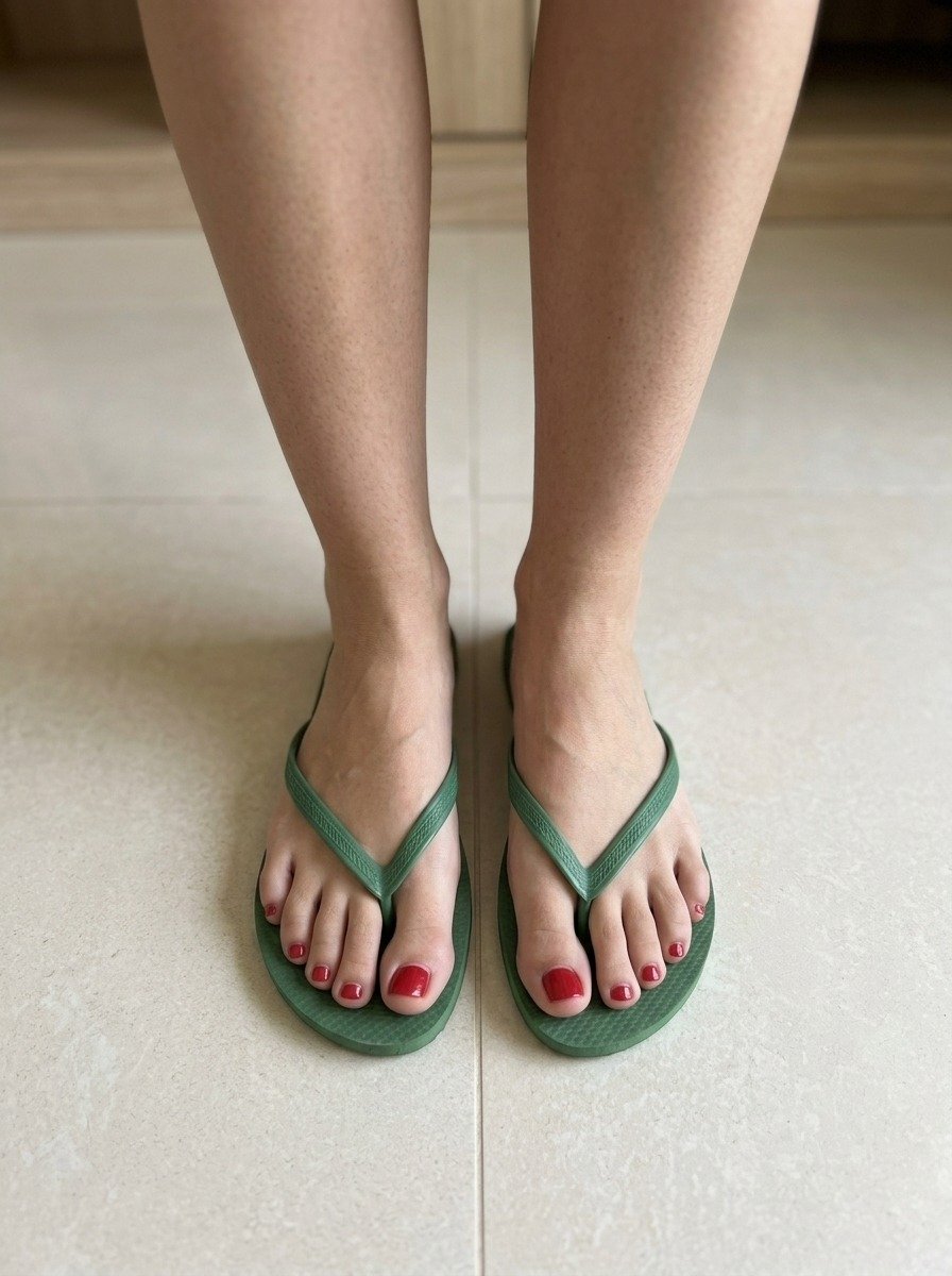 Close-up of Lena’s feet in green flip-flops, with red toenail polish, on the beige tiled floor of the dressing room.