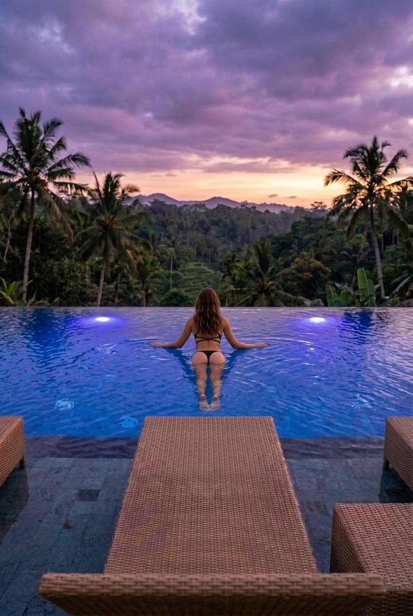 Lena seen from behind in a black bikini in the infinity pool, arms extended across the water, facing jungle with a lounger in the foreground.