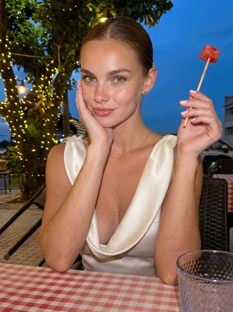 Lena in a white satin dress rests her cheek in one hand and raises watermelon with the other, elbows on the gingham tablecloth.