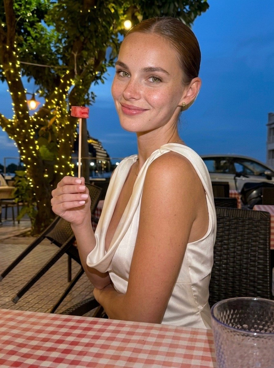 Lena sits sideways in a white dress and turns toward the camera, holding skewered watermelon with string lights behind her.