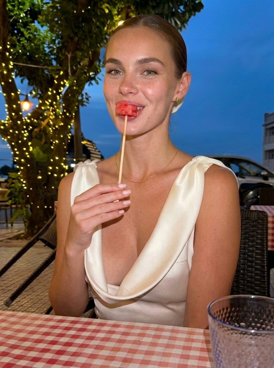 Lena smiles with watermelon against her mouth, holding the skewer upright in a white dress and gold necklace on the terrace.