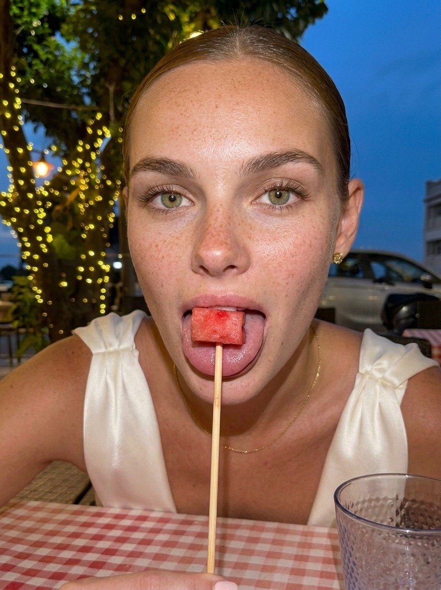 Lena leans toward the camera in a white dress, tongue beneath skewered watermelon, above a gingham tablecloth with a glass in front.