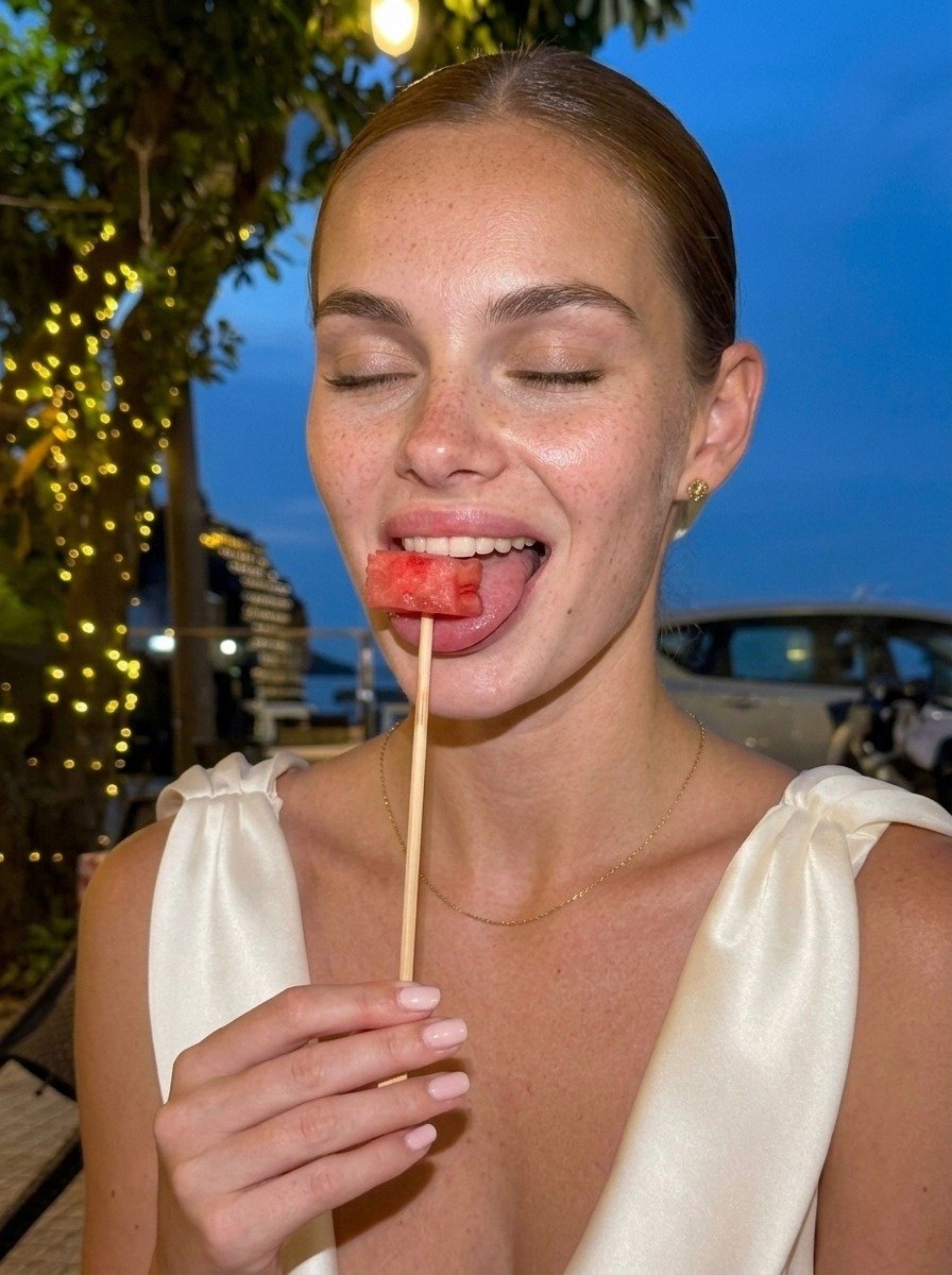 Lena appears close up with closed eyes and watermelon on her tongue, wearing white satin and a gold chain beside terrace string lights.