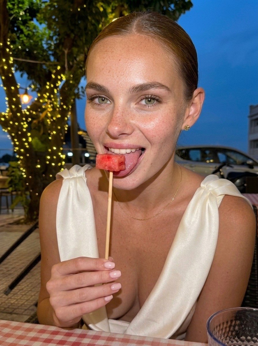Lena smiles toward the camera with watermelon on her tongue and skewer in hand, leaning over the terrace table in a white dress.