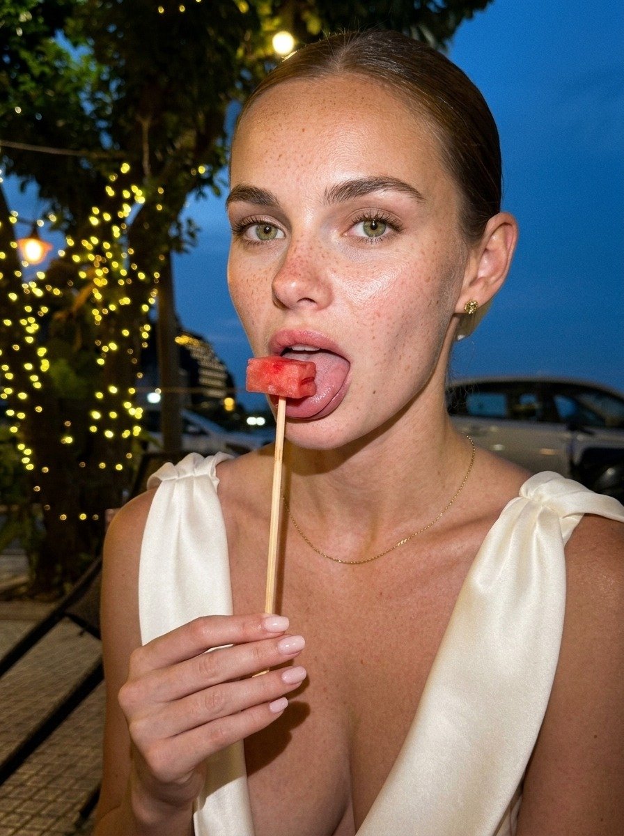 Lena appears in three-quarter close-up with watermelon on her tongue, wearing a white satin dress and gold necklace beside the illuminated tree.
