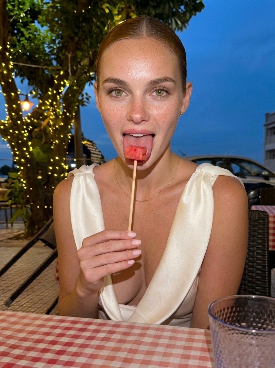 Lena sits facing forward in a white dress, tongue extended beneath skewered watermelon, one hand raised above the gingham-covered table.