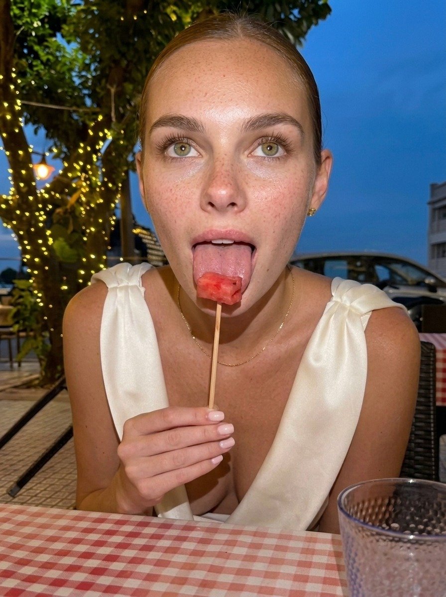 Lena leans toward the camera looking upward, tongue beneath watermelon, wearing a white dress and fine necklace above the gingham tablecloth.