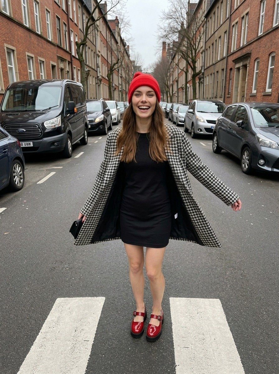 Lena laughing in the middle of the street with her arms out and the houndstooth coat flaring, short black dress, red beanie, bare legs and red Mary-Janes on the crossing.