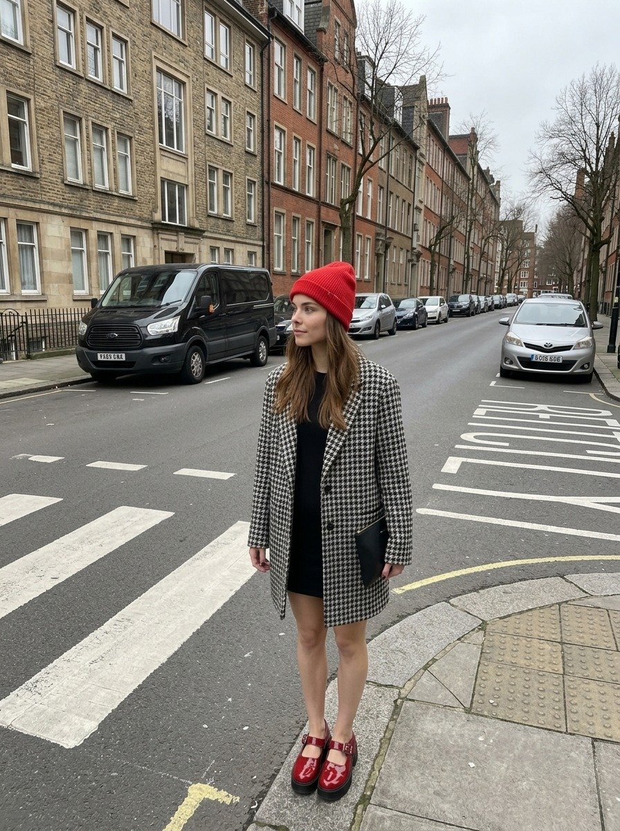 Lena standing at the curb in front of a parked van, black clutch under her arm, houndstooth coat, red beanie and red Mary-Janes, looking down the street.
