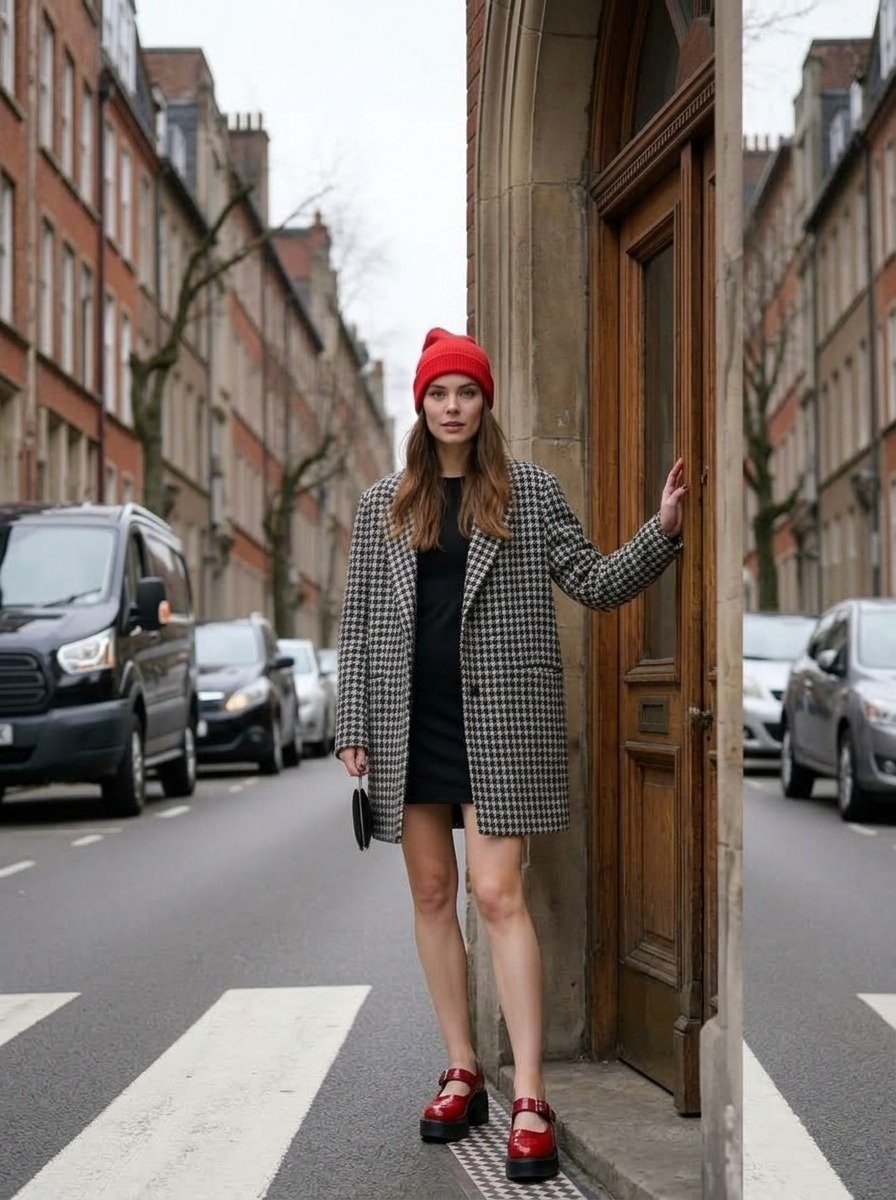 Lena standing in a wooden doorway with one hand on the frame, open houndstooth coat, short black dress, red beanie and red platform Mary-Janes.
