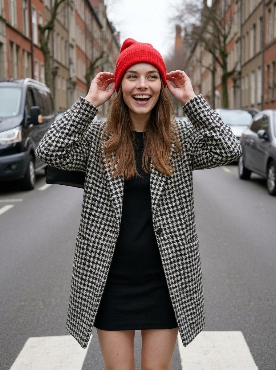 Portrait of Lena laughing with both hands on her red beanie, houndstooth coat open over a black dress, a street of brick buildings behind her.