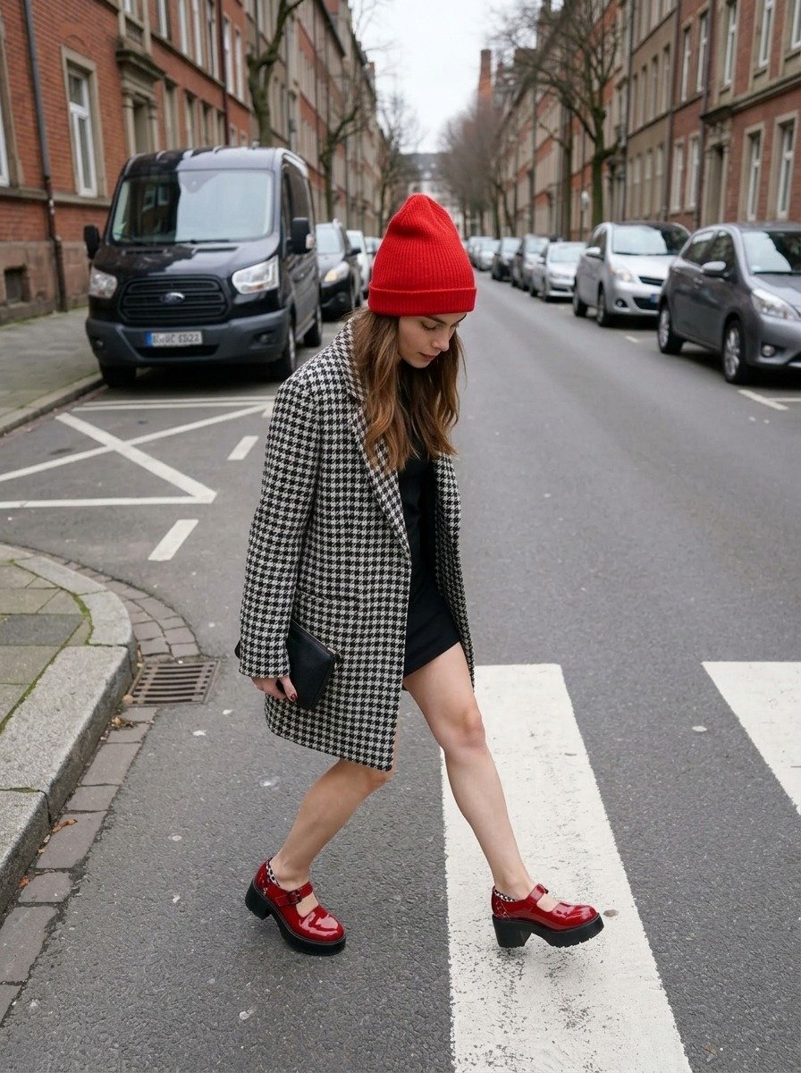 Lena stepping off the curb onto the crossing, one foot in the air, looking down at her red Mary-Janes, black clutch in hand, houndstooth coat and red beanie.