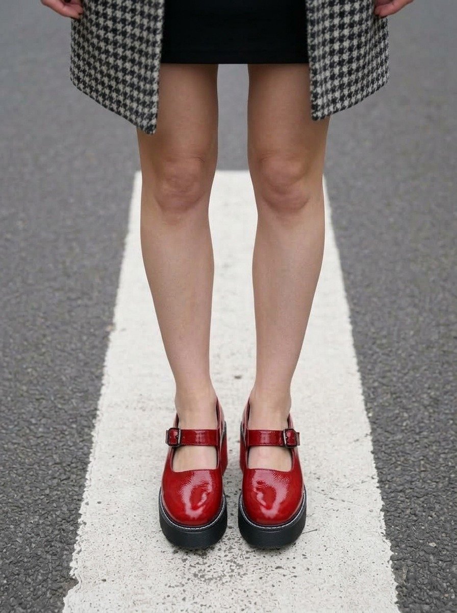 Close-up of Lena's bare legs and glossy red platform Mary-Janes, feet together on a white stripe of the crossing, black dress hem and houndstooth coat above.