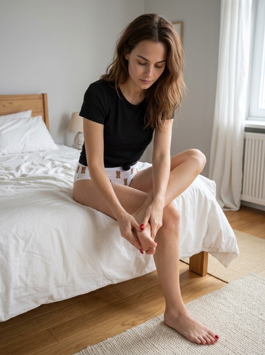 Lena sitting on the edge of the bed, one ankle on her knee, both hands on her bare foot, black tee and white teddy-bear knickers