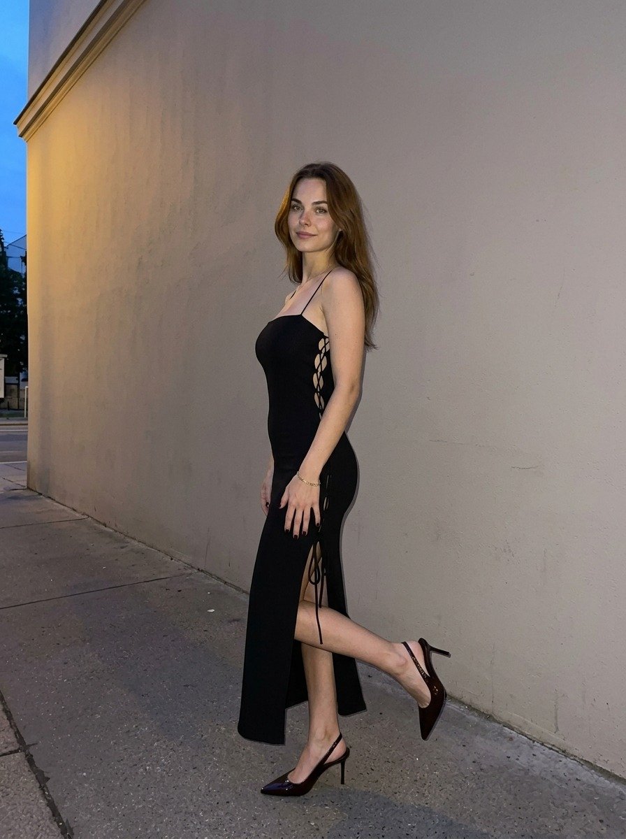 Lena stands at an angle beside a beige wall, one leg bent, wearing a black lace-up dress and patent slingback heels.