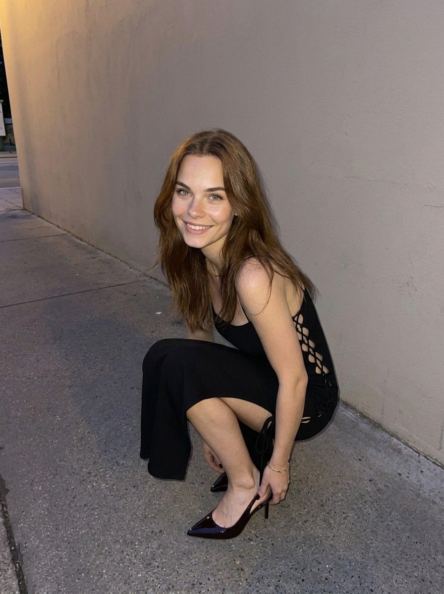 Lena crouches on the pavement in a black dress with side cutouts, one hand holding the strap of her patent heel.