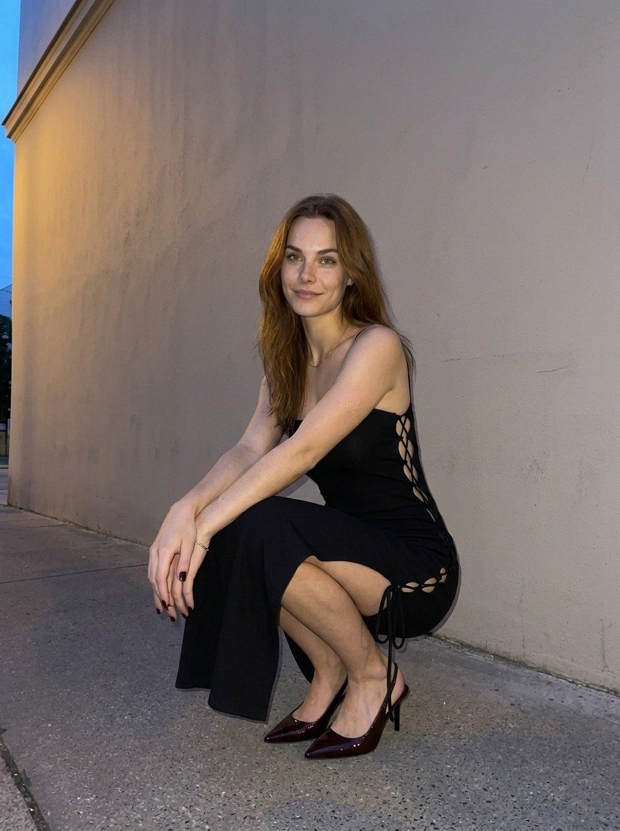 Lena crouches facing the camera, hands resting on one knee, wearing a black lace-up dress and burgundy heels beside a beige wall.
